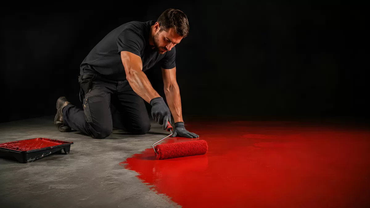 Handwerker trägt rote Farbe auf Betonboden auf
