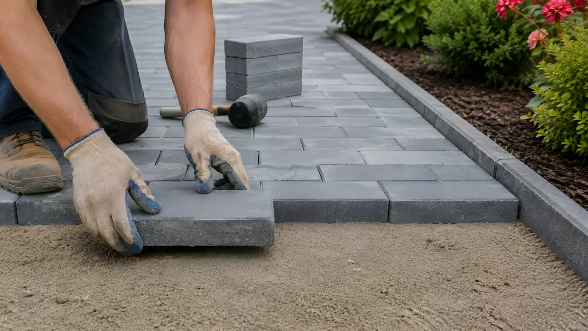 Handwerker verlegt graue Betonpflastersteine im Garten