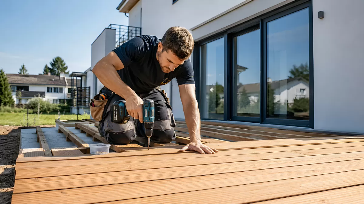 Handwerker verlegt Holzdielen auf einer Terrasse