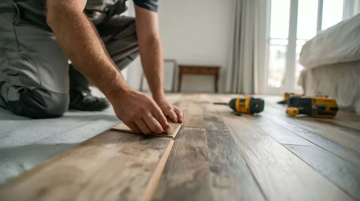 Handwerker verlegt neuen Laminatboden in hellem Wohnzimmer