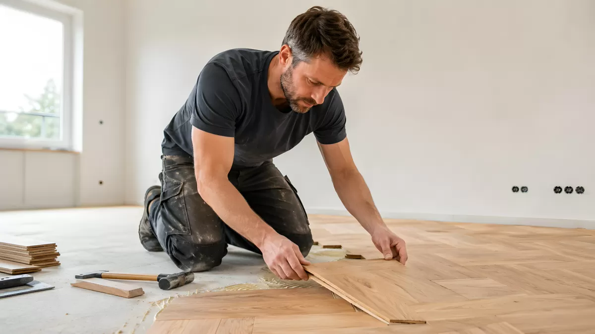 Handwerker verlegt Parkettboden in hellem Raum