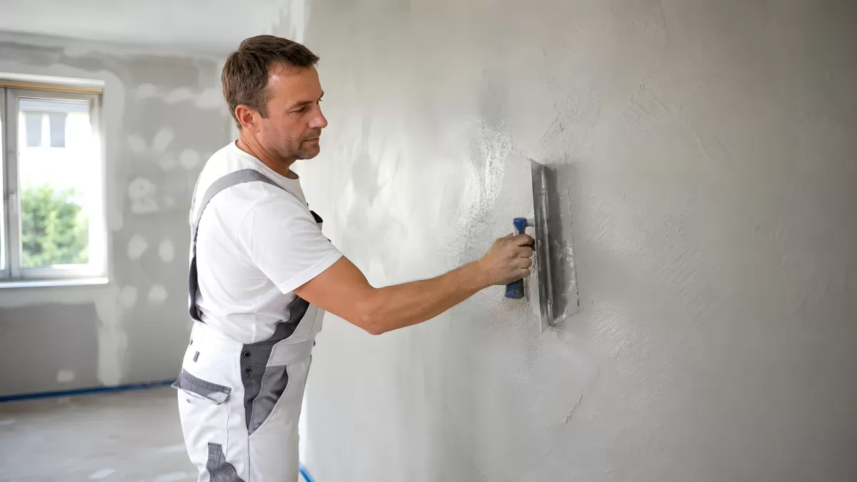Handwerker verputzt glatte Wand mit Spachtel