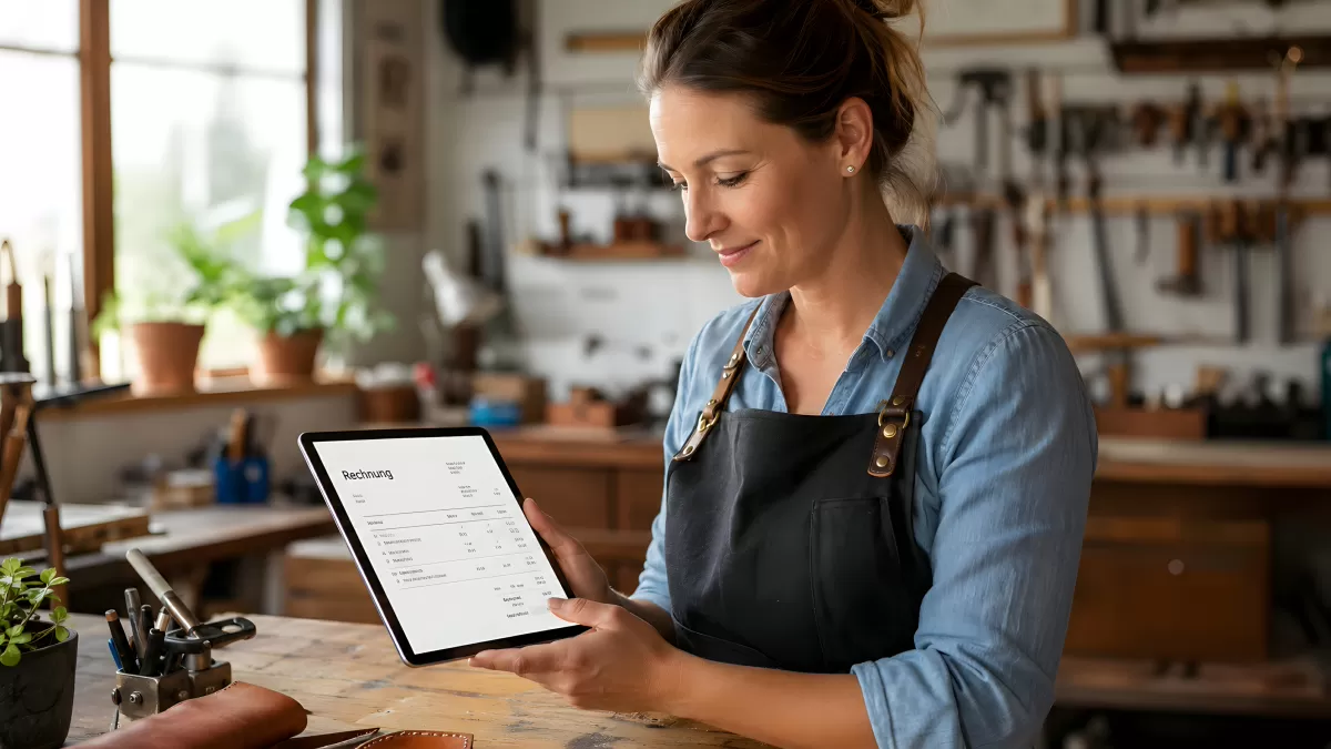Handwerkerin prüft digitale Rechnung auf Tablet in Werkstatt
