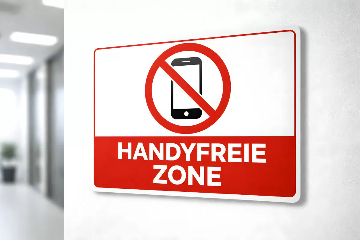 Handyfreie Zone Schild an weißer Bürowand