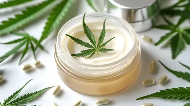 Hanf-Creme mit Medizinkanabis-Blatt und Kapseln