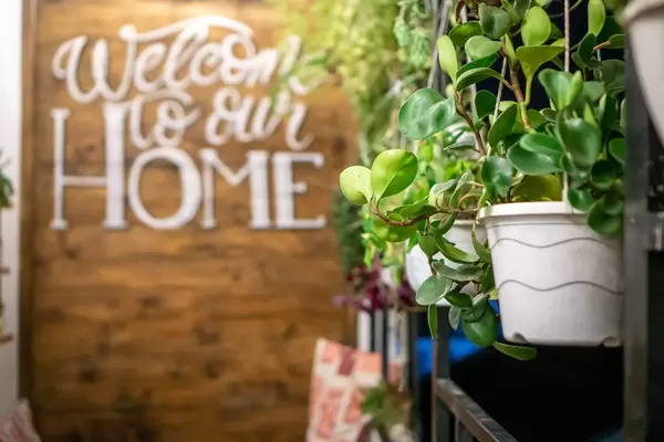 Hanging Plant Pots on a Balcony with Words Welcome to our Home on a Wooden Wall