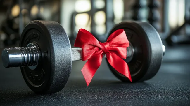 Hantel mit roter Schleife als Geschenk im Fitnessstudio