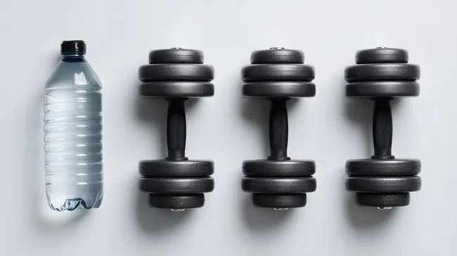 Hanteln und Wasserflasche für Fitness und Sport