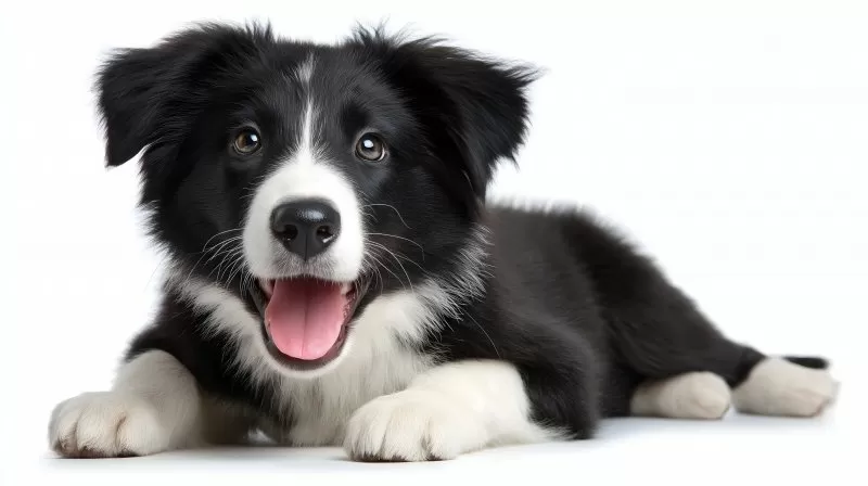 Happy border collie puppy lying on white background