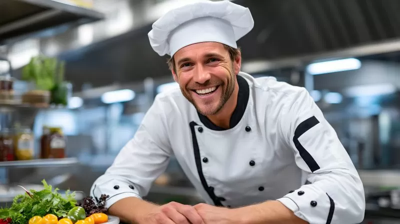 Happy Chef in Professional Kitchen Smiling
