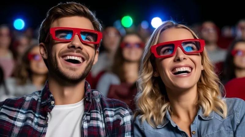 Happy couple watching 3D movie with glasses