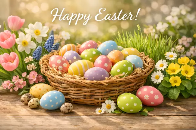 Happy Easter! Bunte Ostereier und Frühlingsblumen