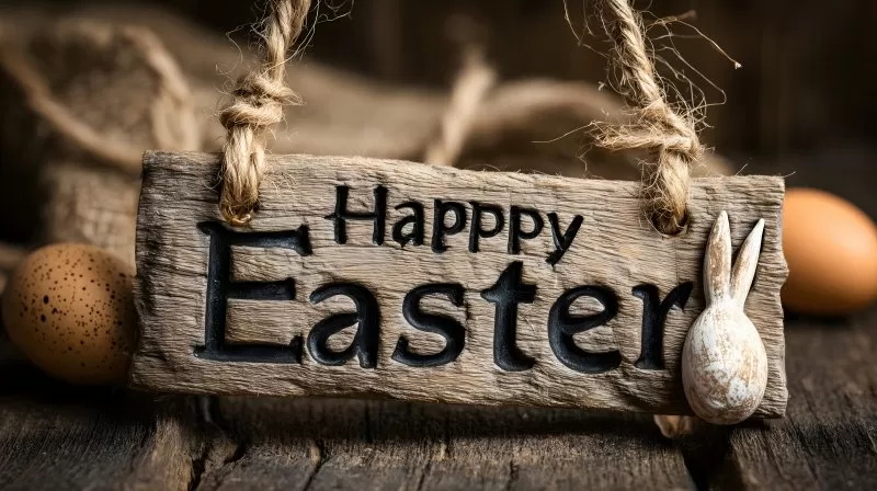 Happy Easter Holzschild mit Hase und rustikaler Kordel
