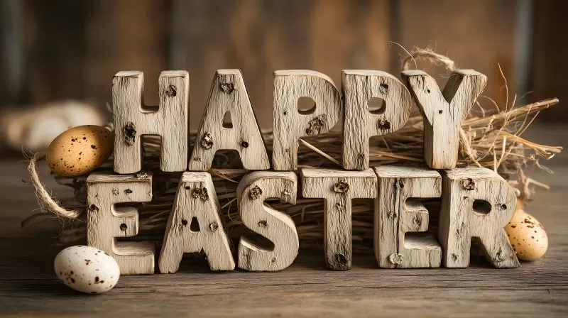 Happy Easter Holzschrift mit Wachteleiern und Stroh
