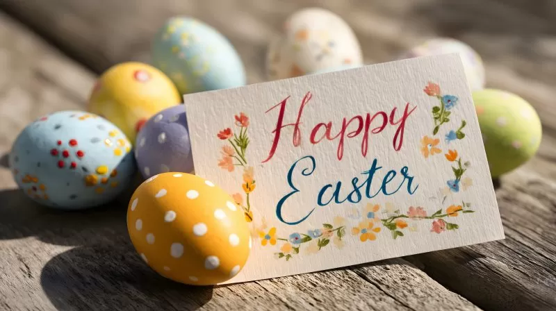 Happy Easter Karte mit bunten Ostereiern auf Holztisch