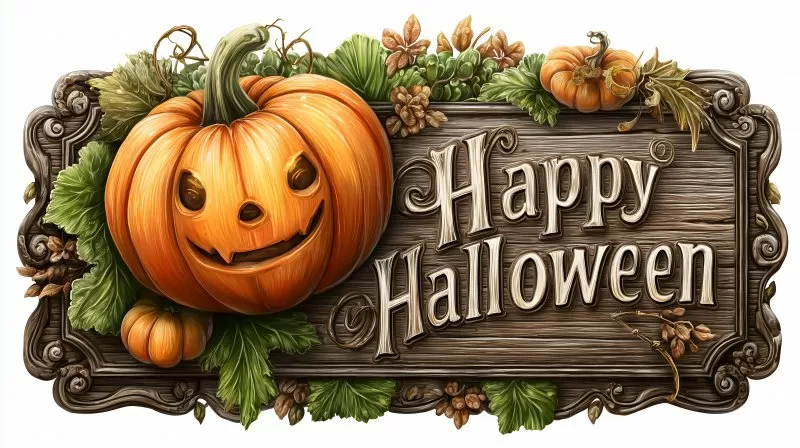 Happy Halloween Schild mit geschnitztem Kürbis und Holzrahmen