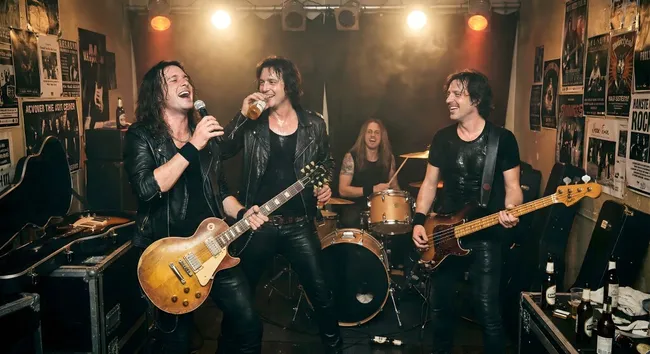 Hardrockband bei dynamischem Liveauftritt