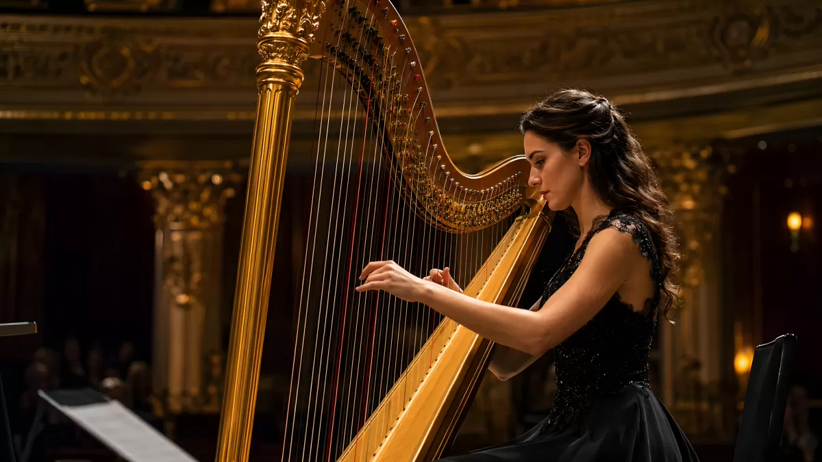 Harfenistin spielt goldene Konzertharfe im Opernhaus