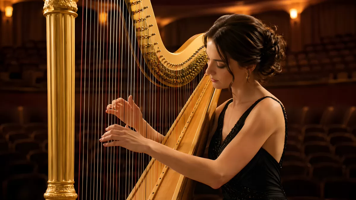 Harfenistin spielt goldene Konzertharfe im Theater