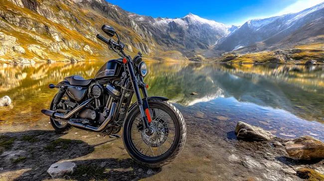 Harley-Davidson-Motorrad am Bergsee mit Schneebergen
