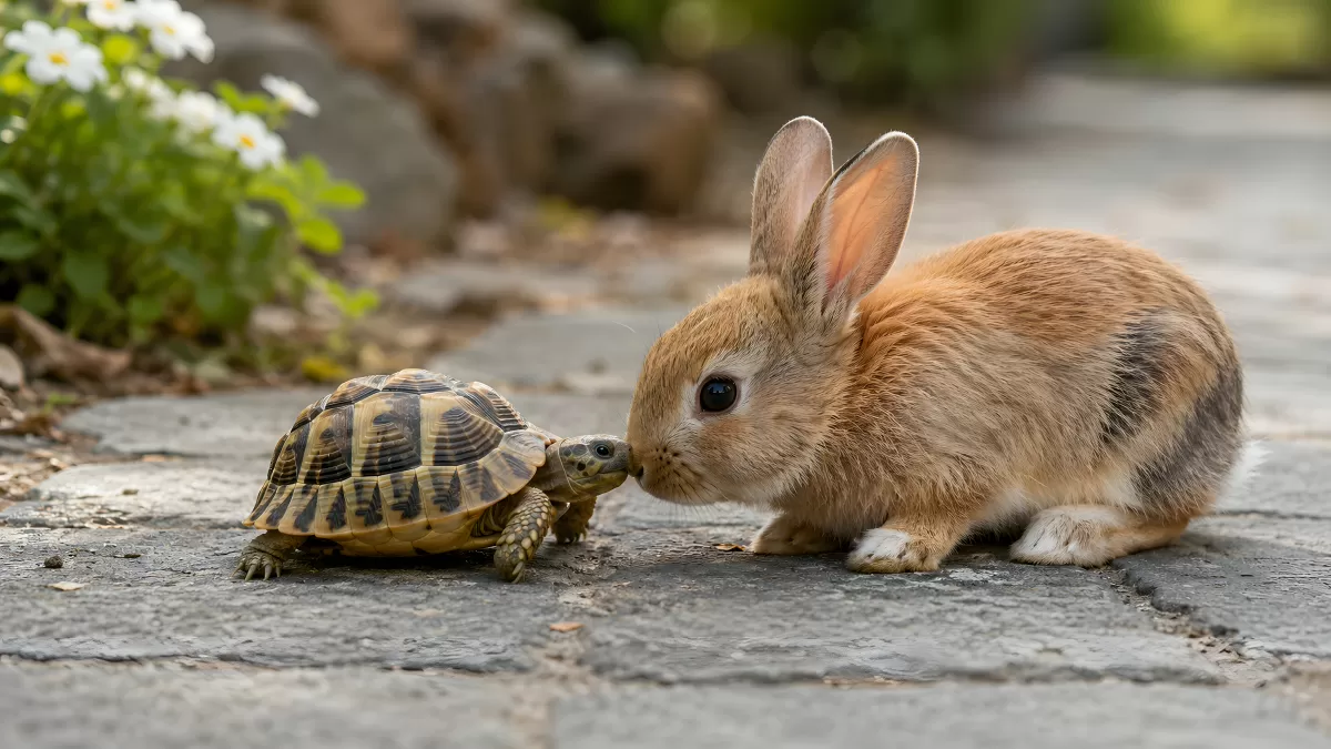 Hase und Schildkröte berühren sich Nase an Nase
