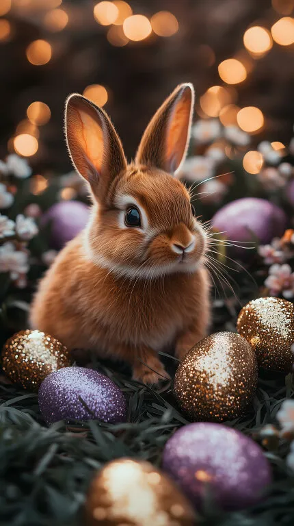 Hase zwischen Osterkugeln und Blüten