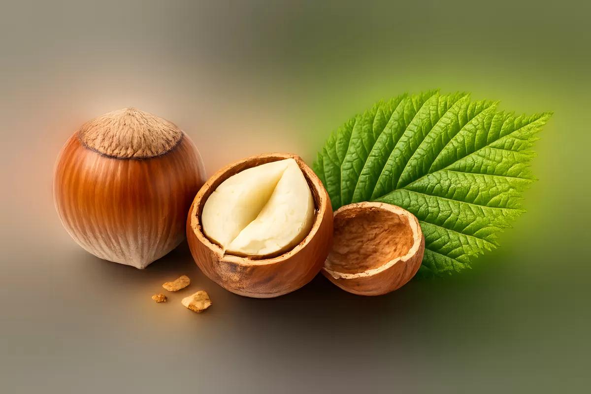 Haselnüsse ganz und geöffnet mit grünem Blatt