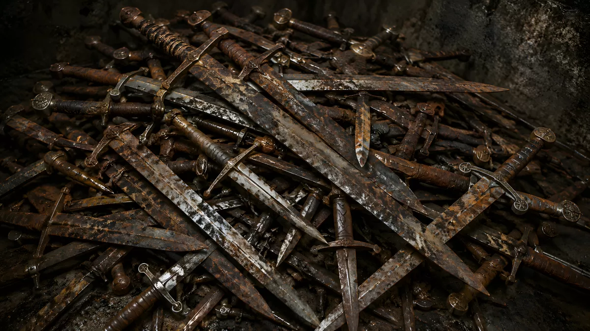 Haufen rostiger mittelalterlicher Schwerter im Keller