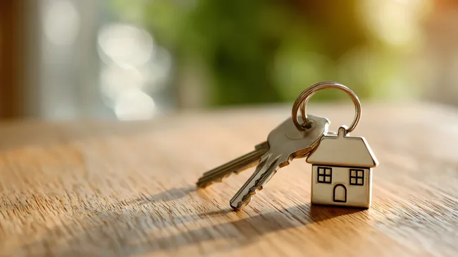 Haus-Schlüssel mit Anhänger bei Sonnenlicht