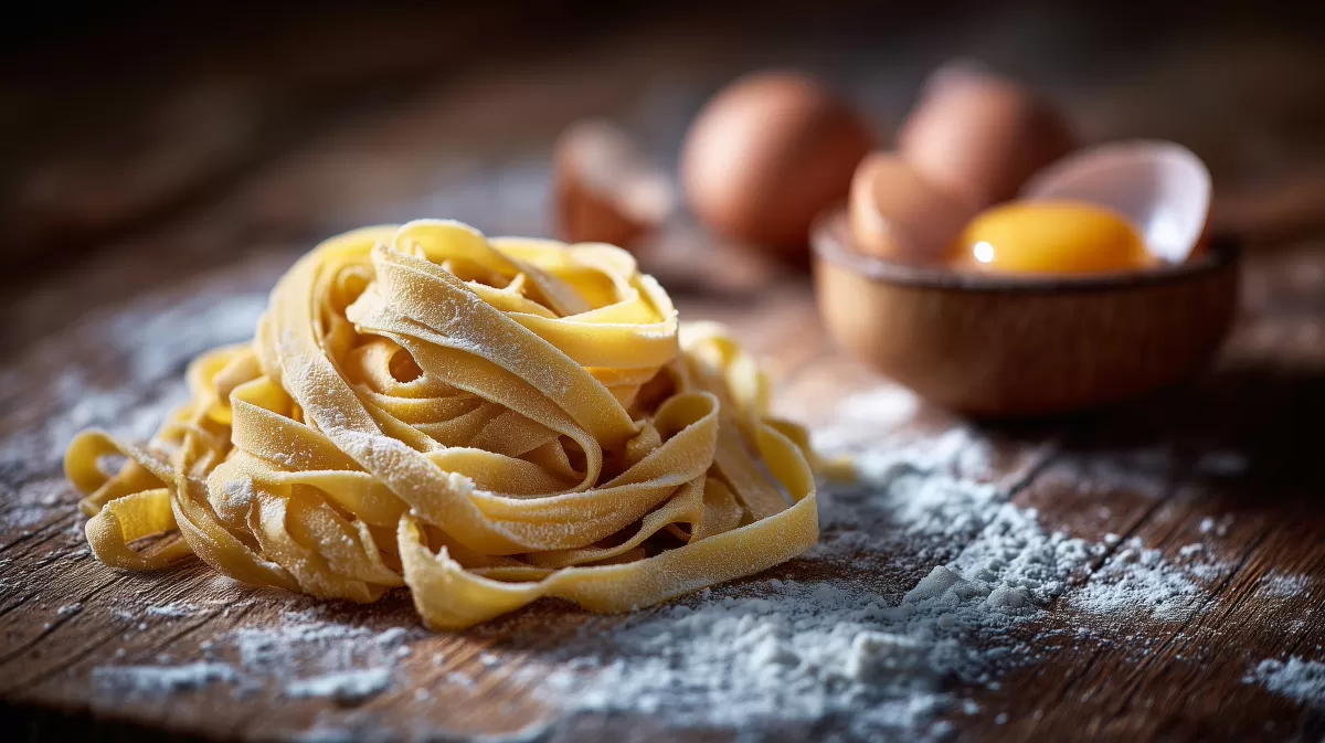 Hausgemachte Bandnudeln auf rustikalem Holzbrett