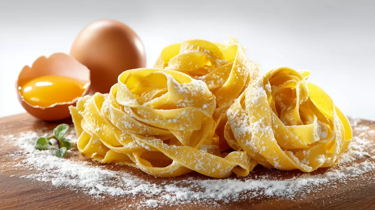 Hausgemachte Bandnudeln mit Ei auf Holzbrett