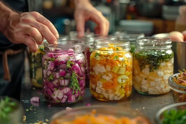 Hausgemachte fermentierte Lebensmittel in Gläsern