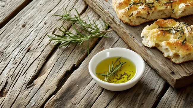 Hausgemachte Focaccia mit Rosmarin auf rustikalem Holztisch