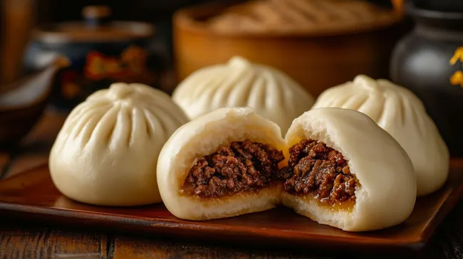 Hausgemachte gedämpfte Teigtaschen mit würziger Fleischfüllung