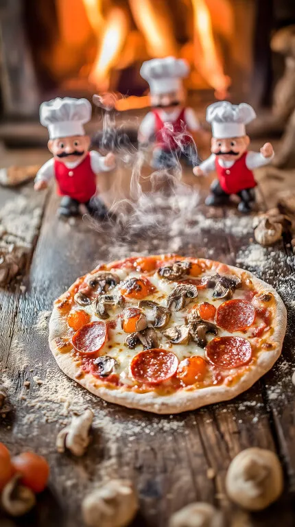 Hausgemachte Holzofenpizza mit Pilzen und Pepperoni