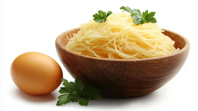 Hausgemachte Nudelspezialität mit Ei auf Holzbasis