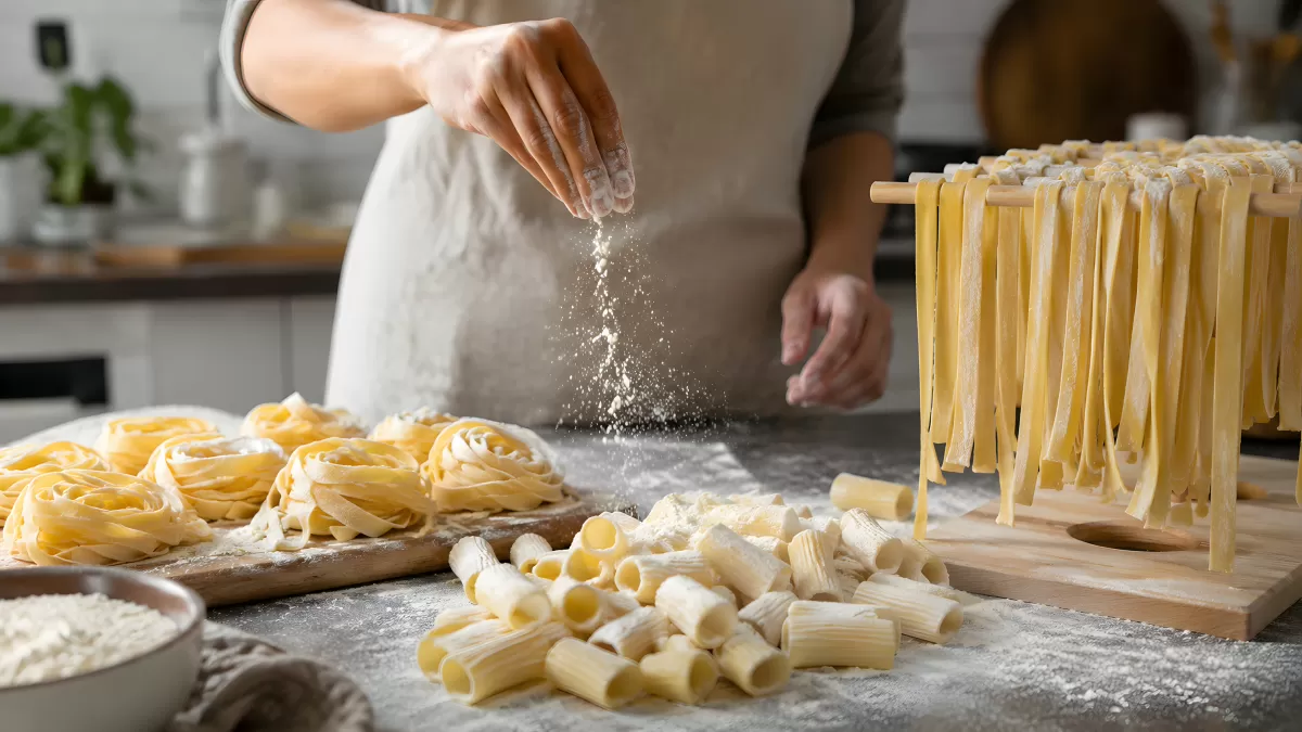 Hausgemachte Pasta in verschiedenen Formen auf Holzbrett