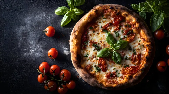 Hausgemachte Pizza mit getrockneten Tomaten und Basilikum