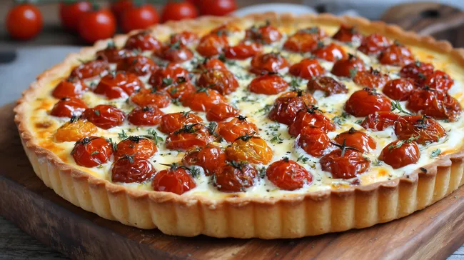Hausgemachte rustikale Tomaten-Quiche mit Ziegenkäse