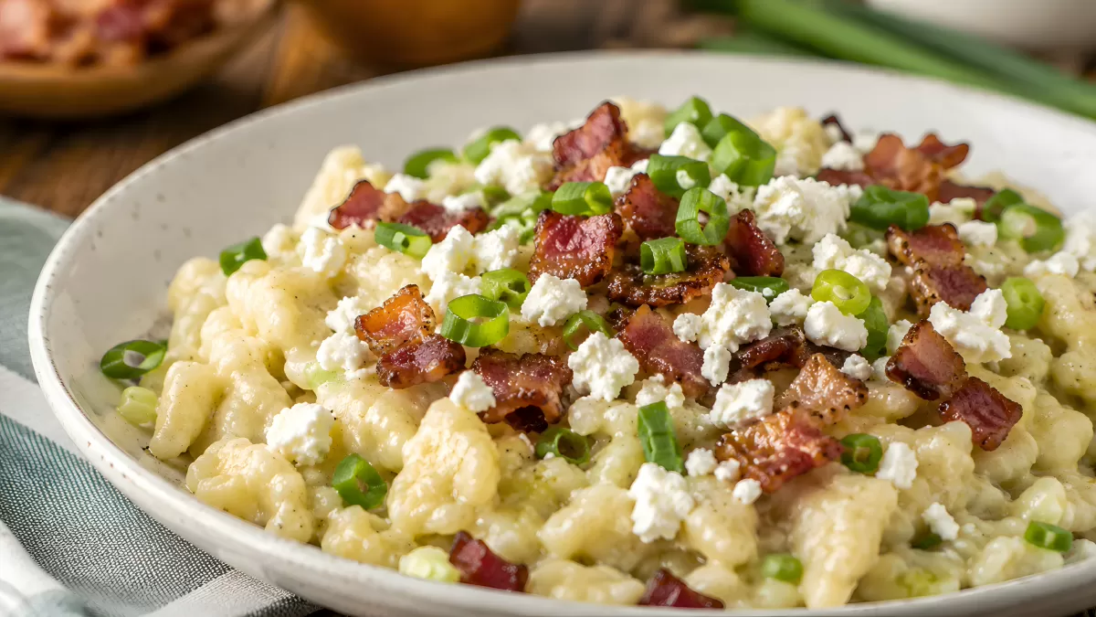 Hausgemachte Spätzle mit Speck, Feta und Frühlingszwiebeln