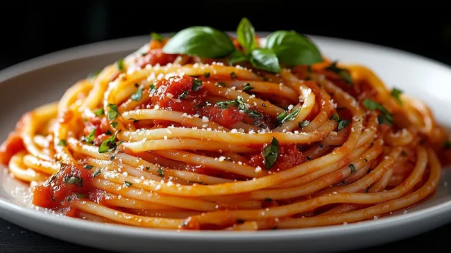 Hausgemachte Spaghetti Bolognese mit Tomatensauce und Basilikum