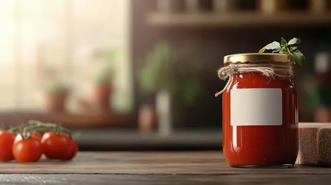 Hausgemachte Tomatensauce in Glasgefäß auf rustikalem Holztisch