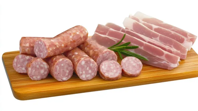Hausgemachte Wurst und Speck auf Holzbrett