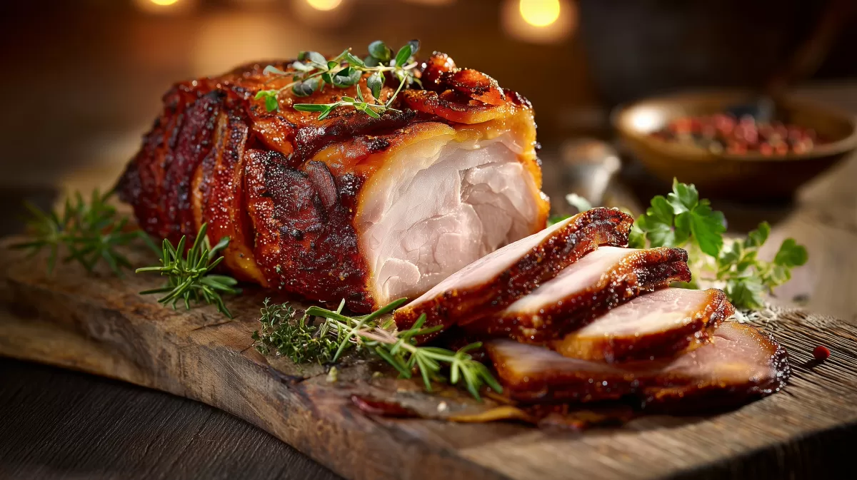Hausgemachter Backschinken im Ofen auf Holzbrett