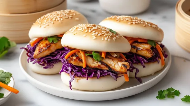 Hausgemachter Bao-Burger mit Hähnchen und Gemüse