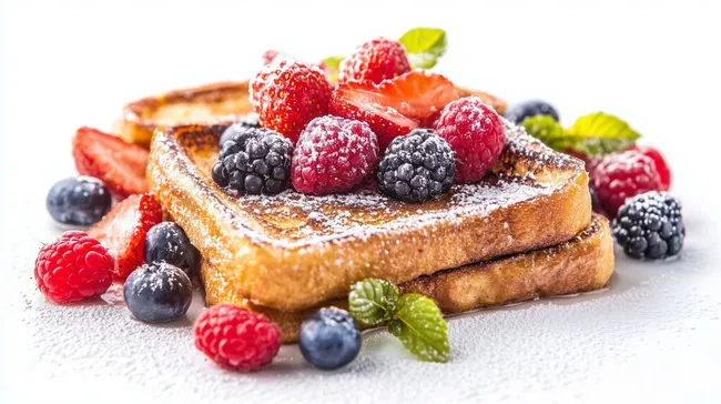 Hausgemachter Französischer Toast mit Beeren und Puderzucker