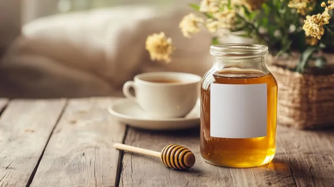 Hausgemachter Honig in Glasflasche auf rustikalem Holztisch