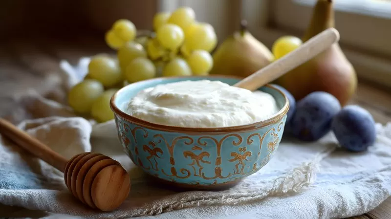 Hausgemachter Joghurt mit Honiglöffel und Trauben