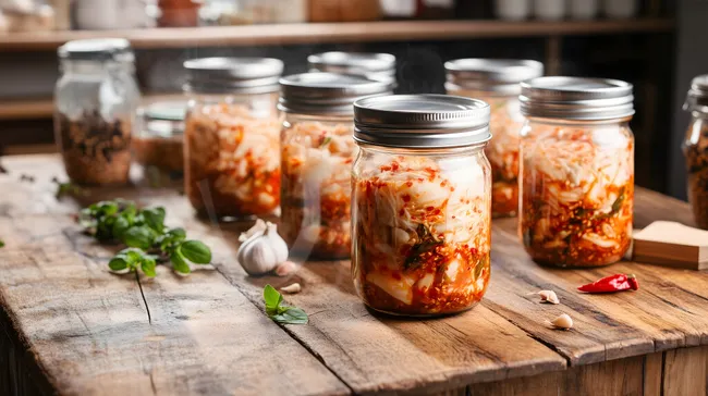 Hausgemachter Kimchi in Gläsern auf rustikalem Holztisch
