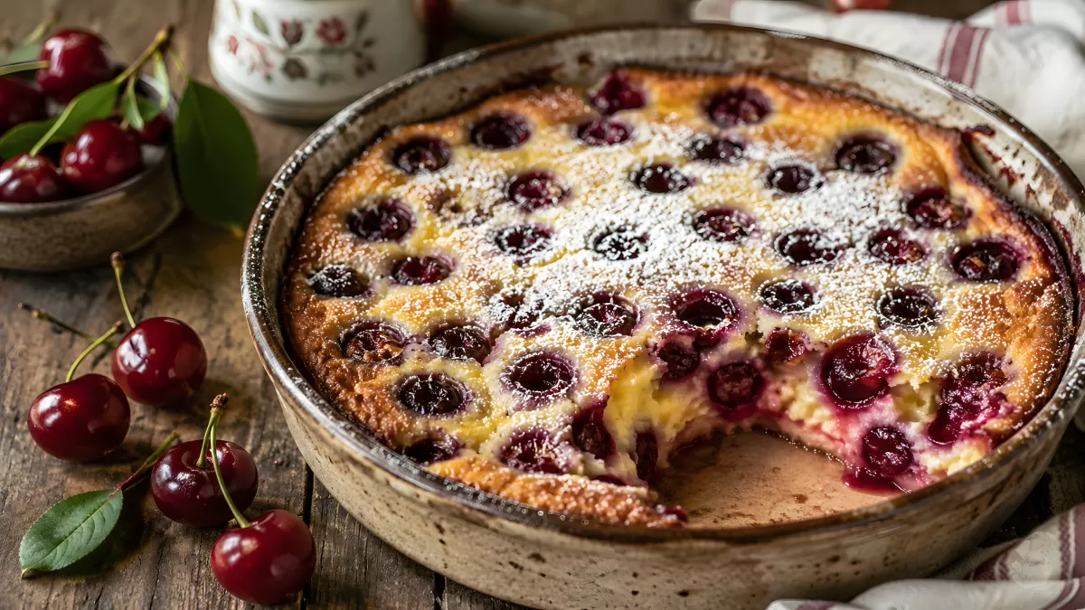 Hausgemachter Kirschclafoutis mit Puderzucker